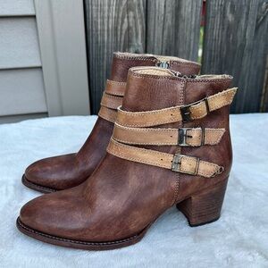 Bed Stu Benchmade Western Leather Ankle Boots With Buckles Straps Zip Women 9